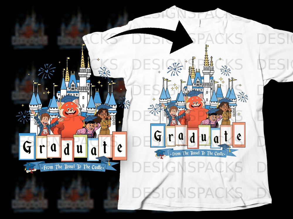 Red panda and friends in front of a castle with "Graduate" and "From The Tassel To The Castle" text.