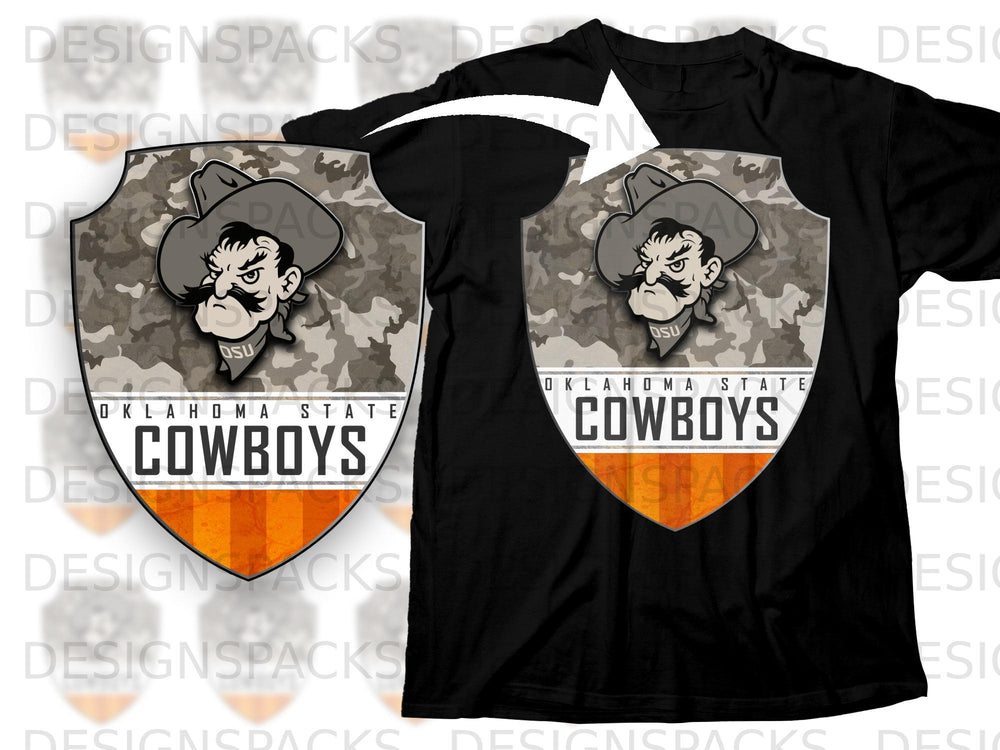Black t-shirt with Oklahoma State Cowboys shield logo featuring a cowboy and camouflage.