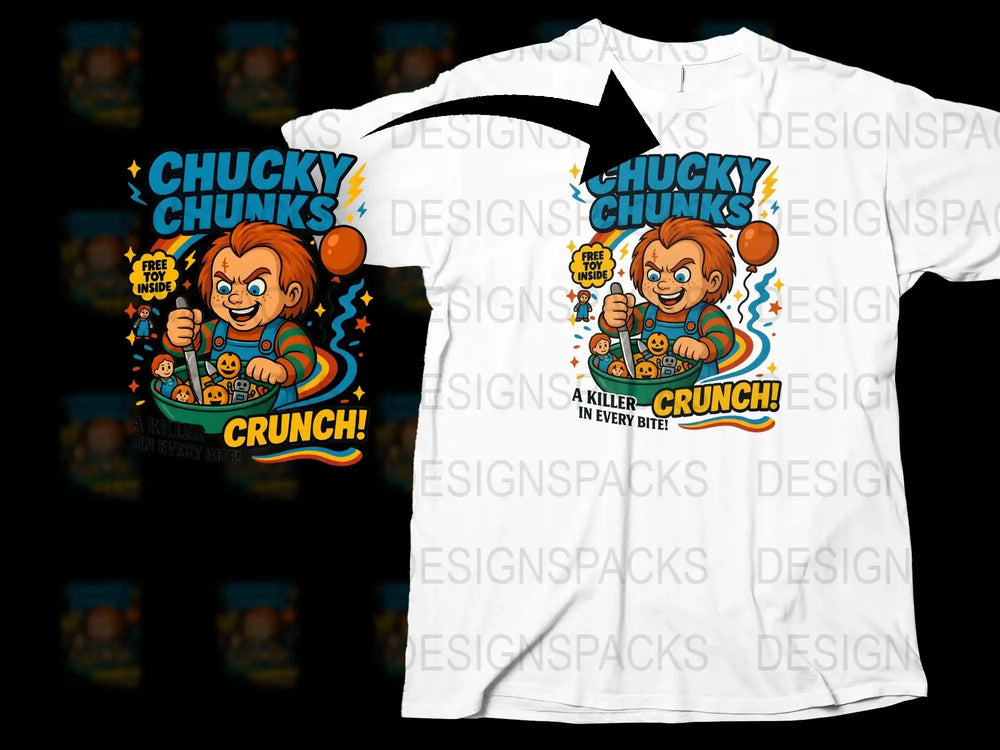 Chucky Chunks Cereal Graphic T-Shirt, Classic Horror Movie Tee, Vintage Style, Unisex Cotton Shirt, Gift for Horror Fans