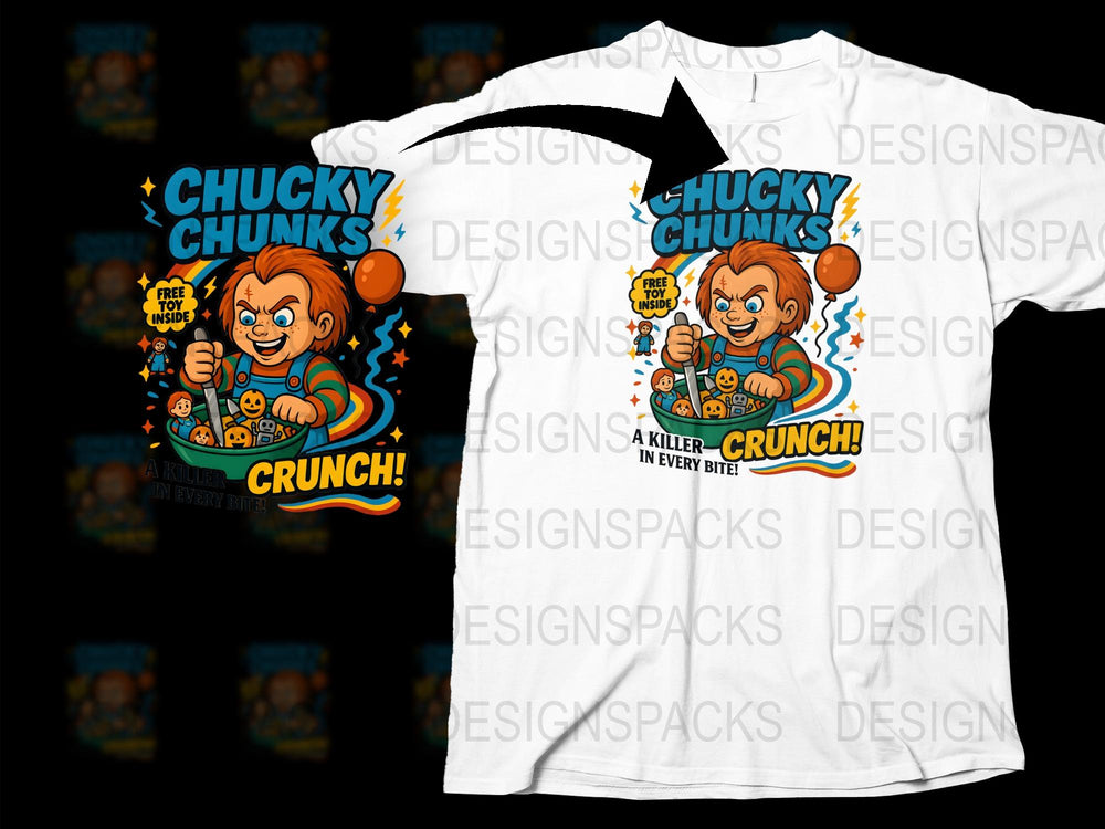 Chucky Chunks Cereal Graphic T-Shirt, Classic Horror Movie Tee, Vintage Style, Unisex Cotton Shirt, Gift for Horror Fans