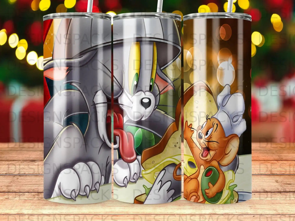 Tom and Jerry characters, one holding a sandwich, on a wooden background.