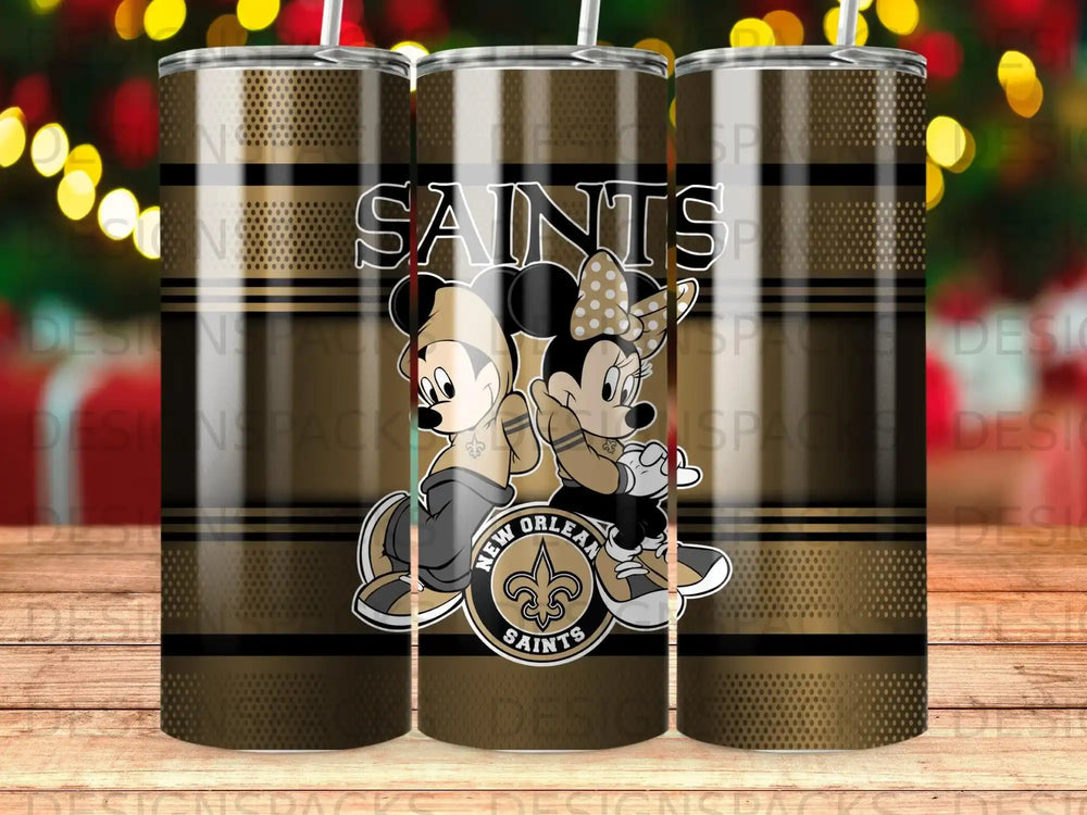 Mickey and Minnie Mouse in New Orleans Saints uniforms on a tumbler.