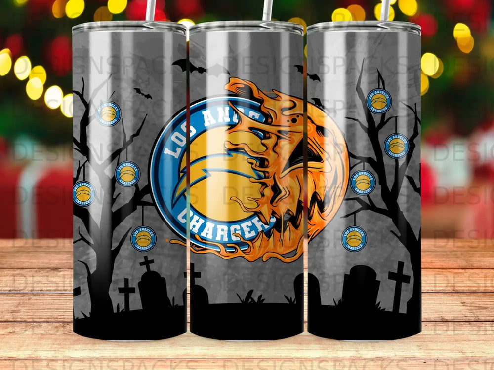 Los Angeles Chargers logo on a dark, spooky tumbler with trees and gravestones.