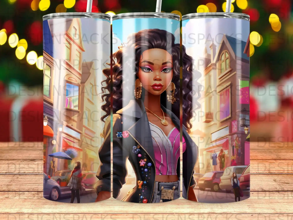 Woman with curly hair and colorful outfit against a city street backdrop.