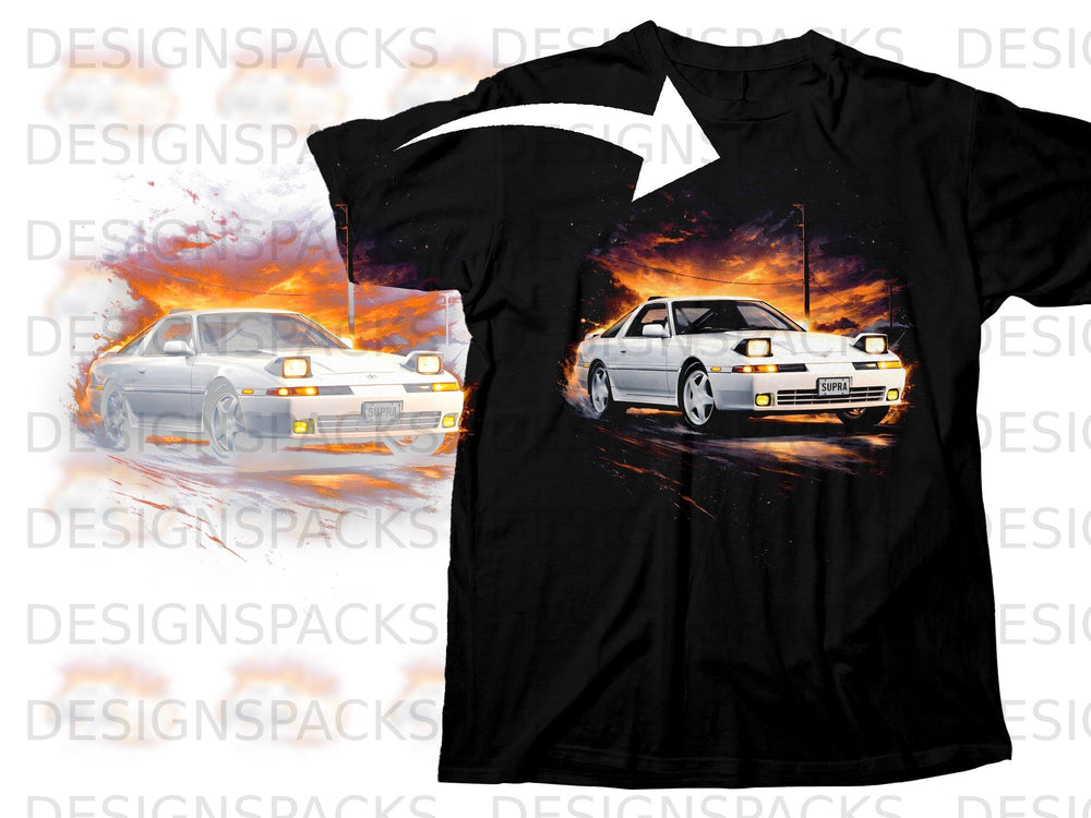 A black t-shirt printed with a graphic of a white sports car against a fiery sunset.