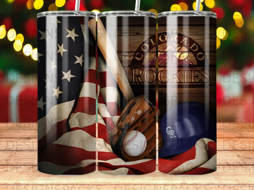 Colorado Rockies baseball helmet and glove on American flag background.