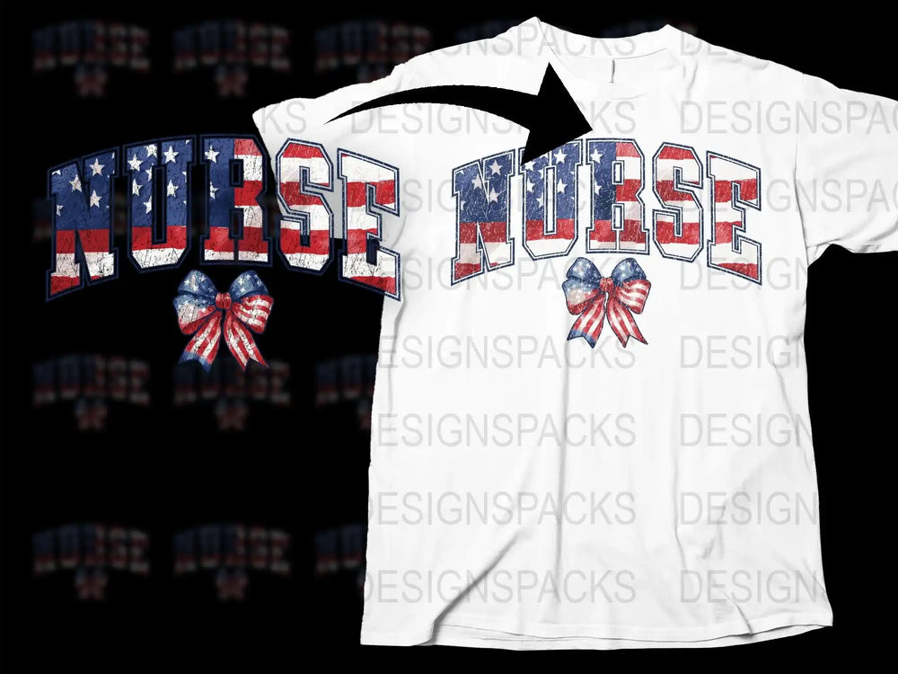 Patriotic Nurse T-Shirt American Flag Print with Bow, USA Themed Nursing Apparel, Unisex Gift for Healthcare Workers