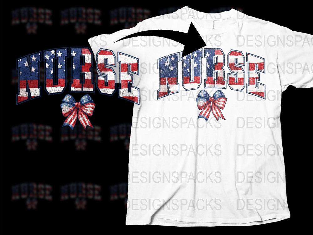 Patriotic Nurse T-Shirt American Flag Print with Bow, USA Themed Nursing Apparel, Unisex Gift for Healthcare Workers