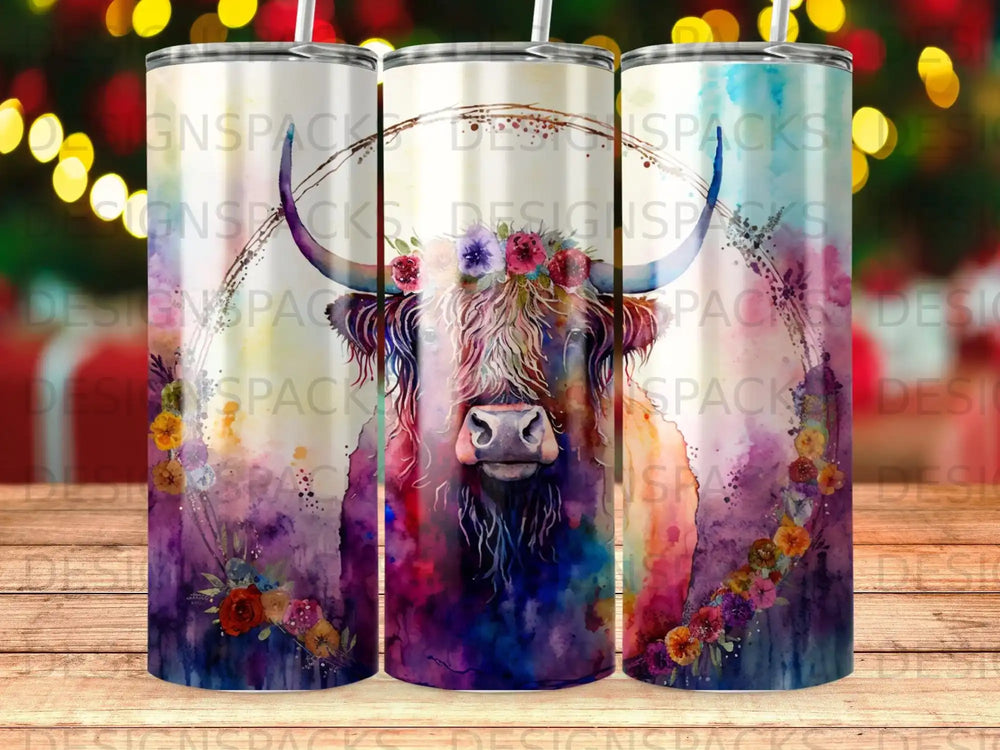 Watercolor highland cow with floral wreath, on a tumbler.