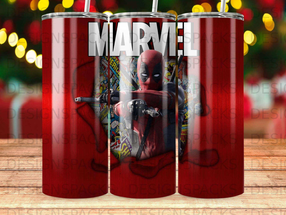 Marvel comics art featuring Deadpool and other comic book panels on a tumbler.