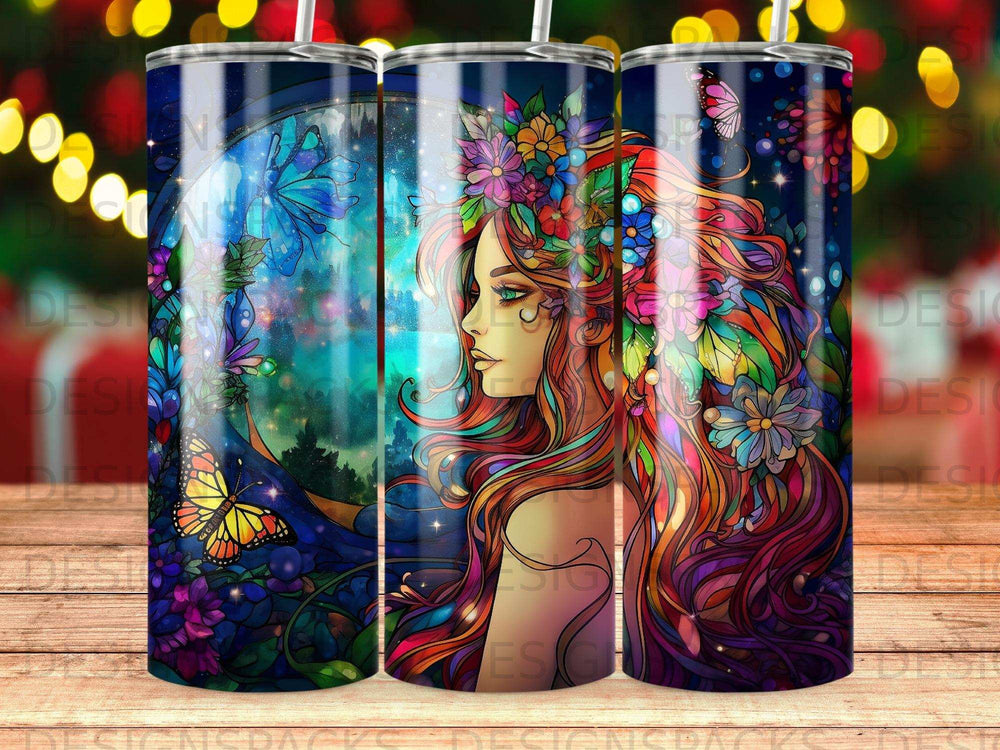 Fantasy woman with colorful flowing hair and flowers, against a starry, magical background.