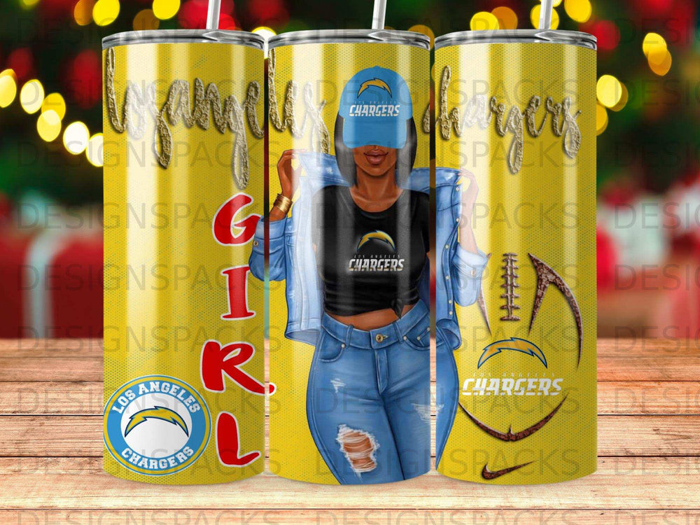 Los Angeles Chargers themed tumbler with "IamGIRL" text and a woman in Chargers apparel.