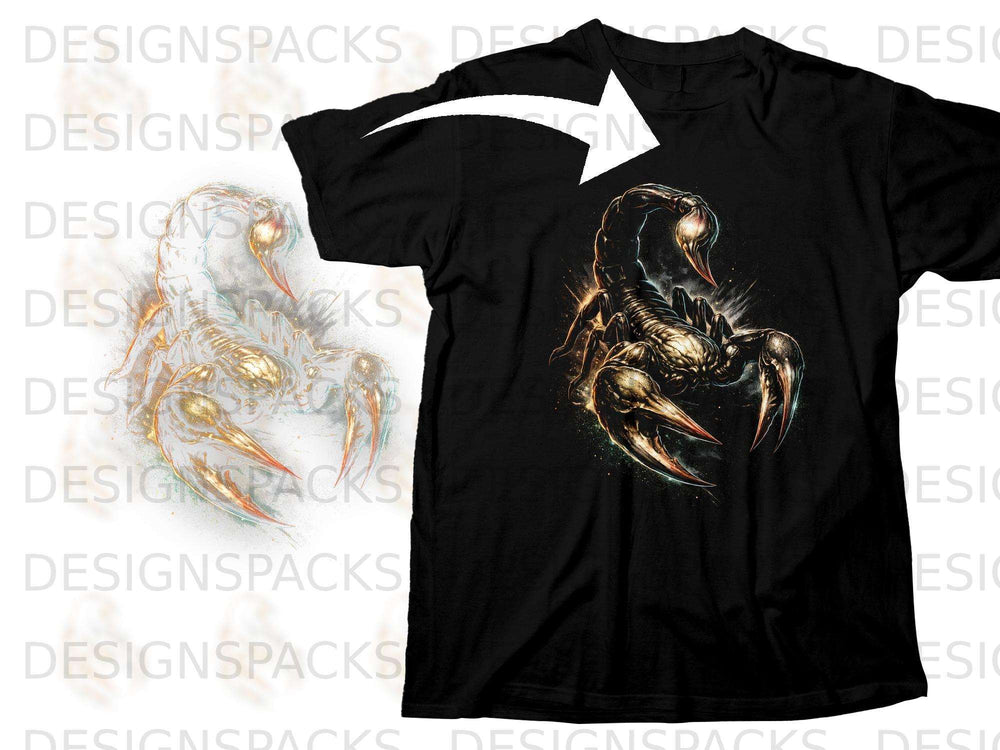 Black t-shirt with a detailed, fiery scorpion graphic on the chest.