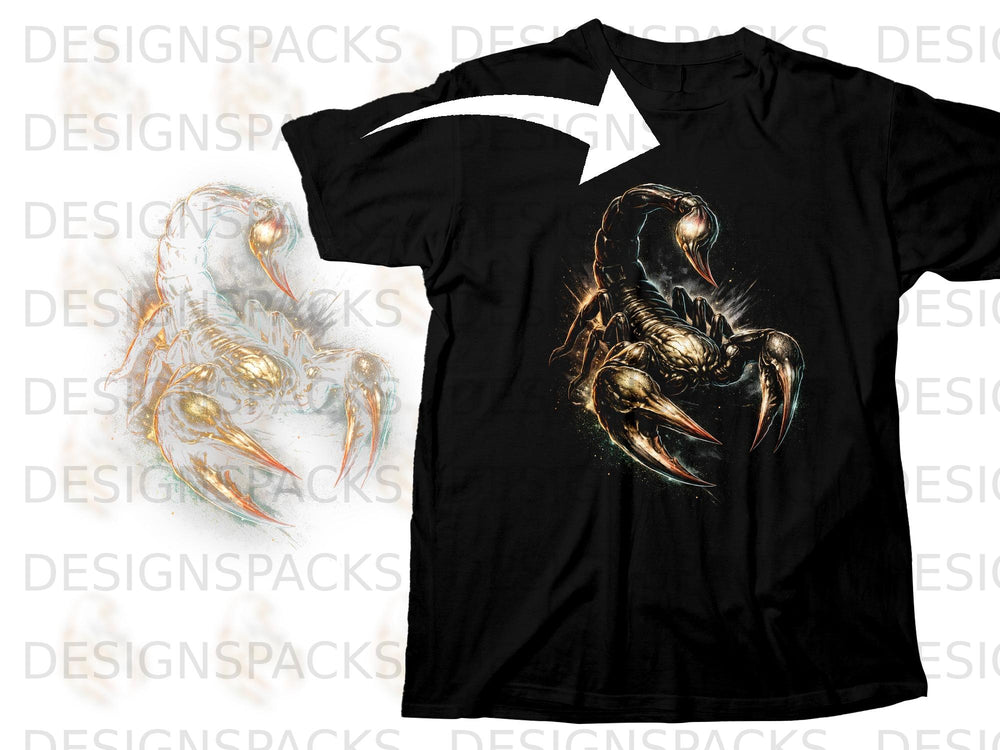 Black t-shirt with a detailed, fiery scorpion graphic on the chest.