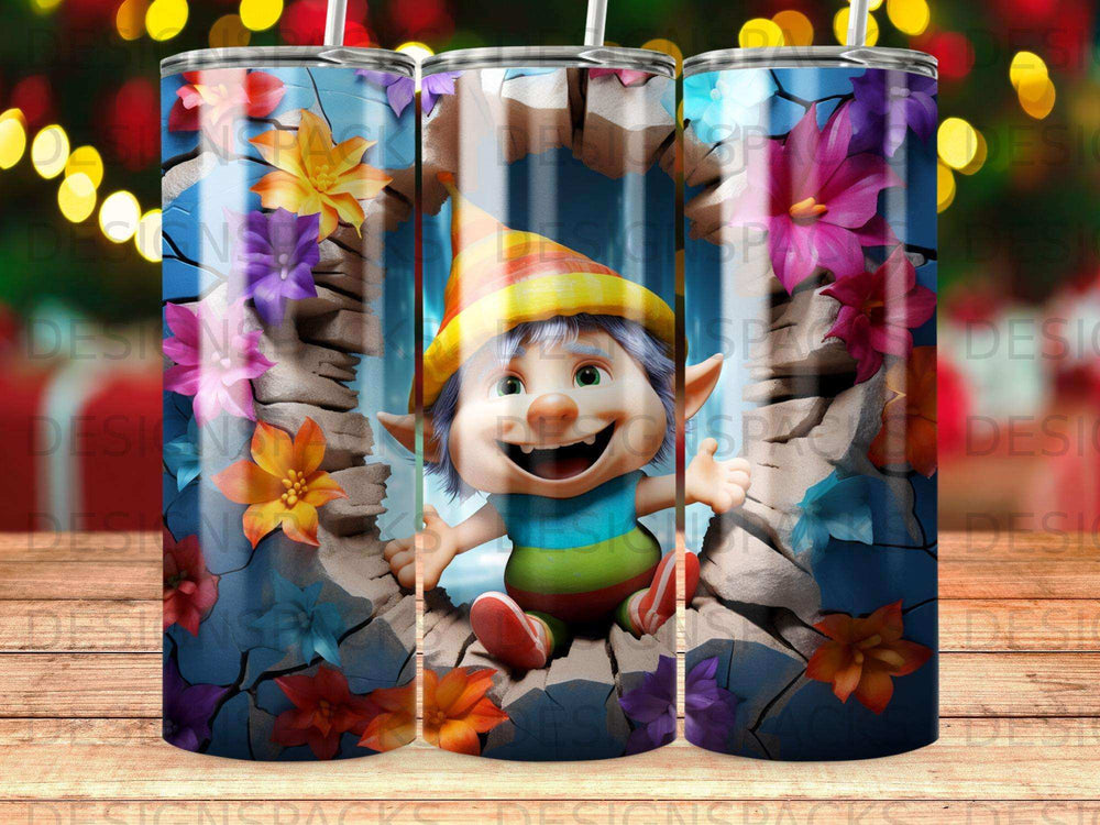 Cartoon gnome in rainbow shirt and hat, with flowers and rocks.