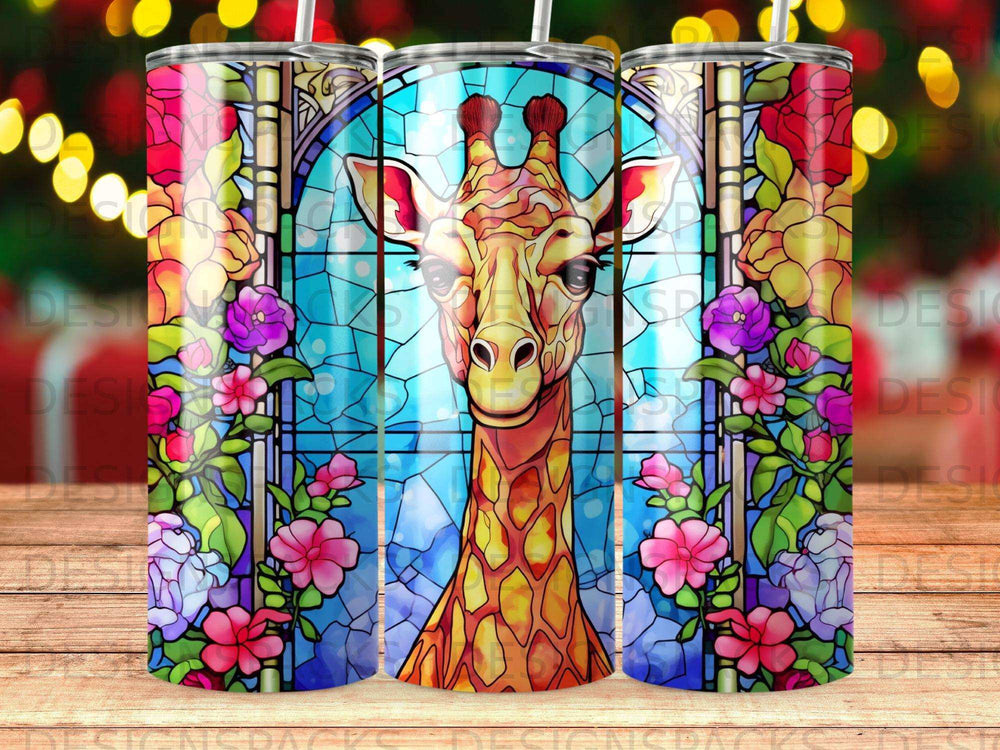 Giraffe face in stained glass with floral border on tumbler wrap.