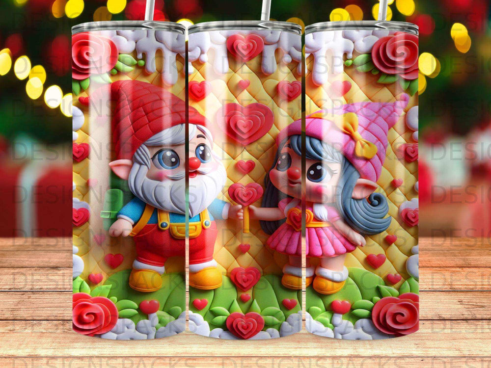 Gnome and girl with hearts, on a textured background.
