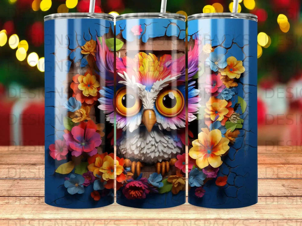 Colorful owl with large eyes and floral accents on a dark blue background.