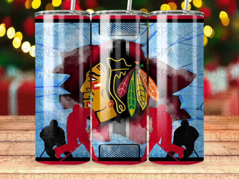 Chicago Blackhawks logo with hockey players and ice texture background.