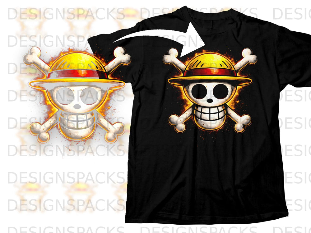 Black t-shirt with a flaming Jolly Roger skull and crossbones graphic.
