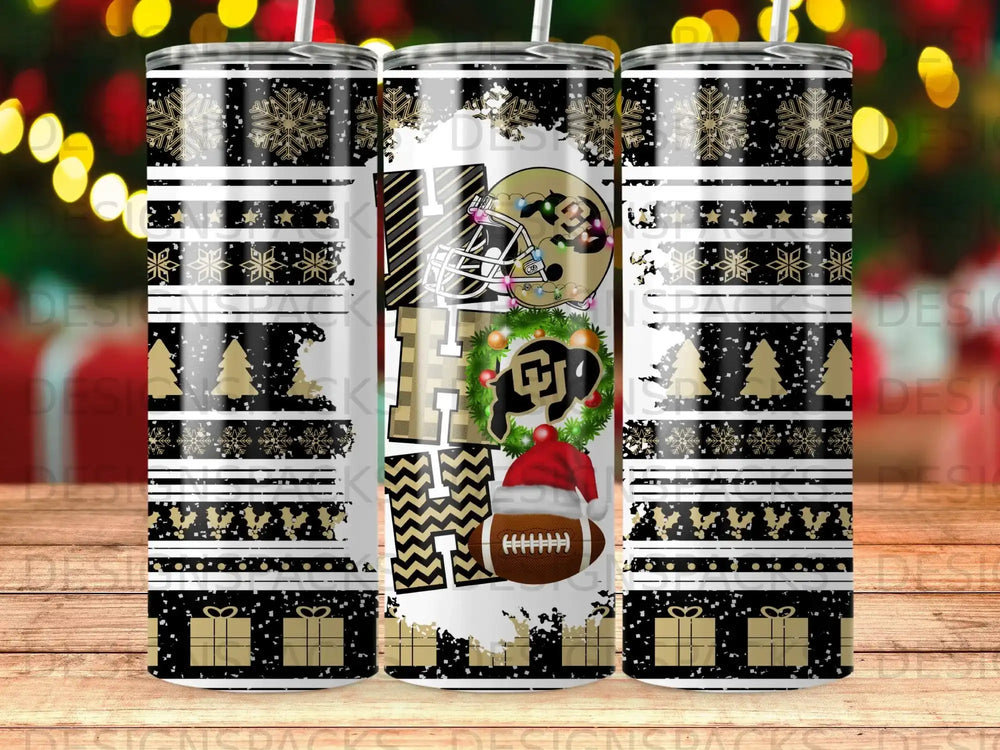 Black and gold holiday tumbler with football helmet and NFL logo.