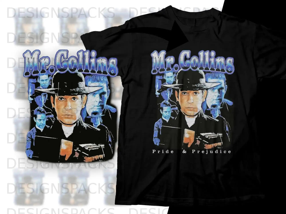 Mr. Collins t-shirt with Pride & Prejudice text and character portraits.