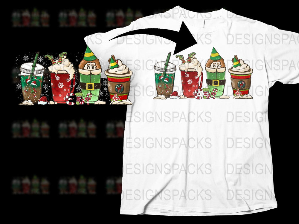 Festive Holiday T-Shirt with Cute Christmas Elves and Hot Cocoa Design, Cozy Winter Apparel