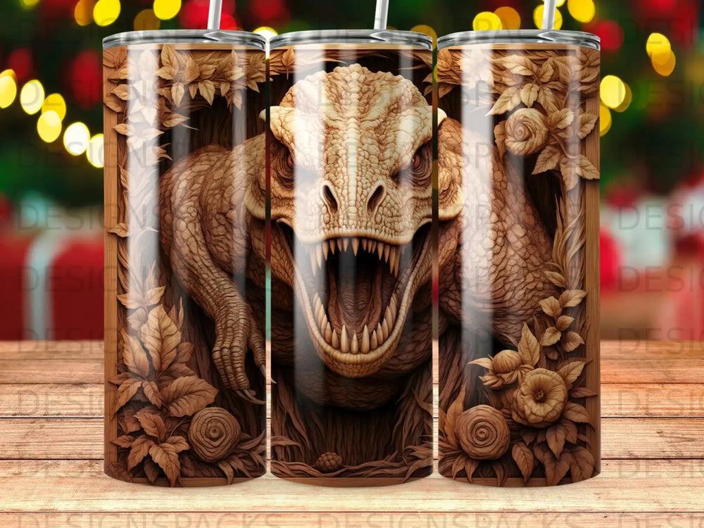 T-Rex dinosaur design on a reusable tumbler with straw, surrounded by wood grain.