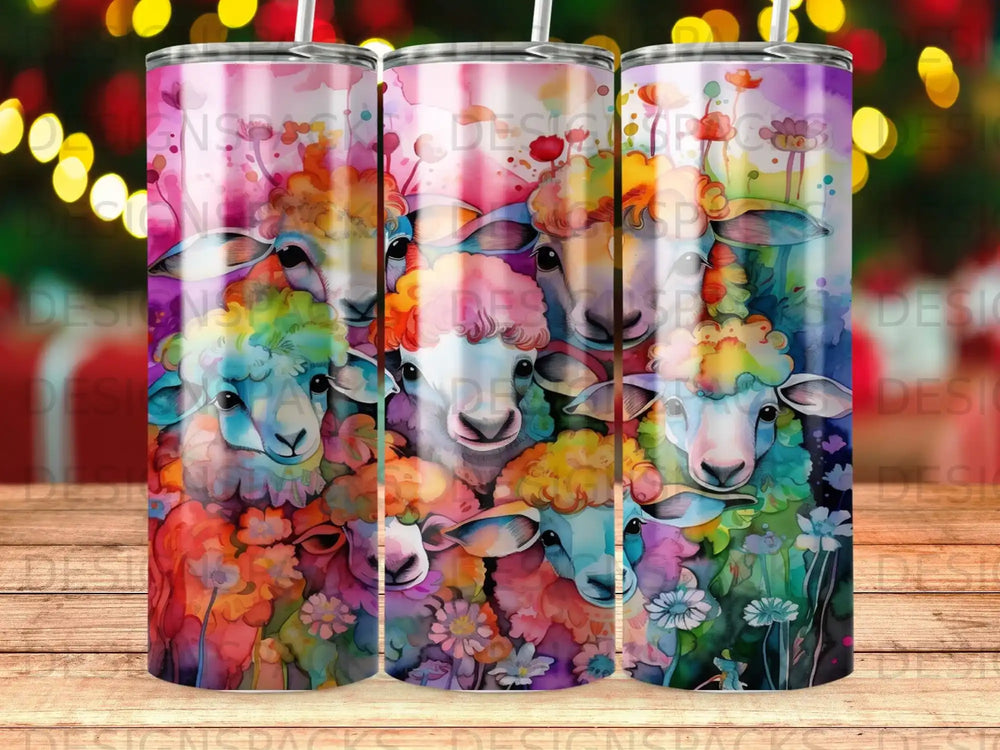 Watercolor sheep with colorful wool and flowers on a tumbler.