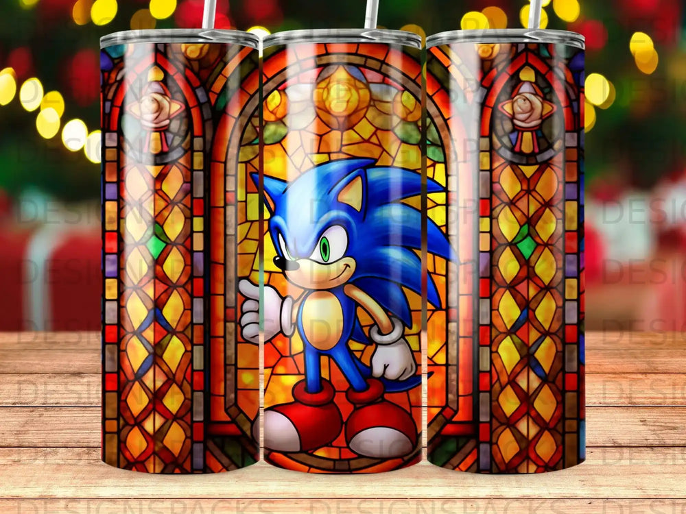 Sonic the Hedgehog giving a thumbs up against a stained glass background.
