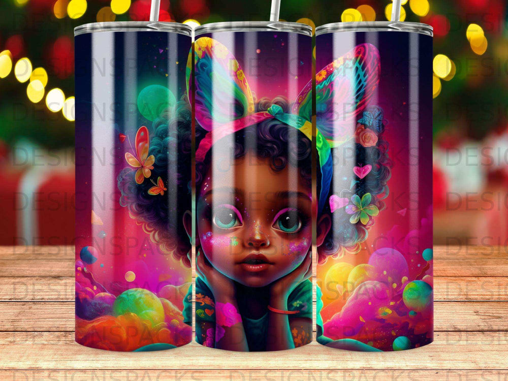 Tumbler with whimsical child wearing colorful bunny ears and adorned with butterflies.