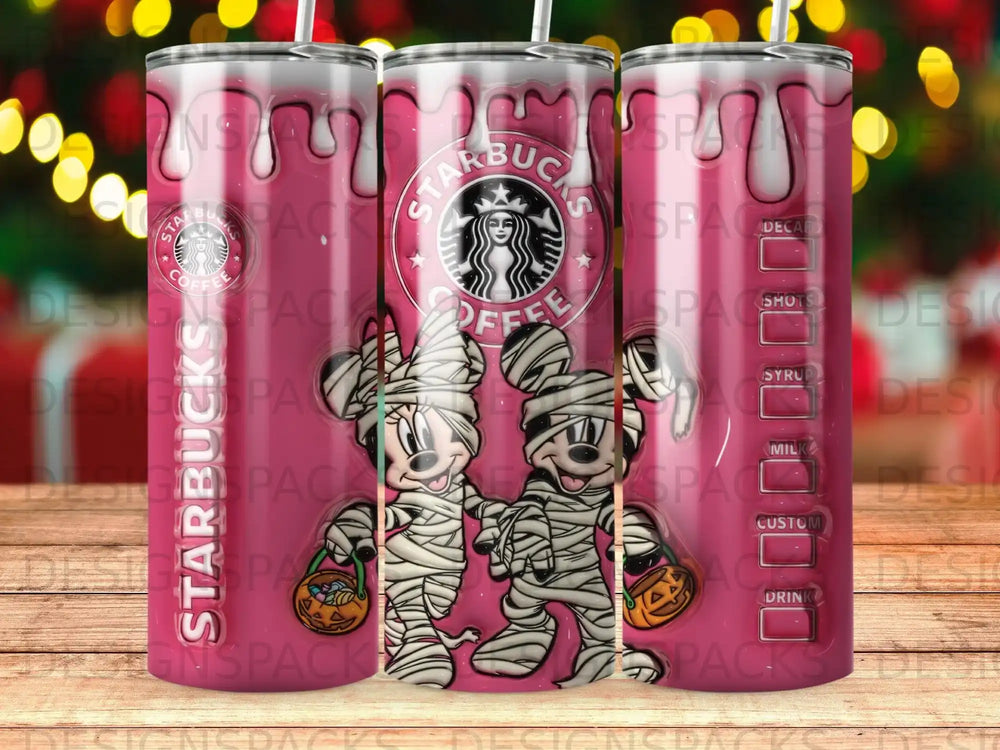 Mickey and Minnie Mouse in mummy costumes on a Starbucks-themed tumbler.
