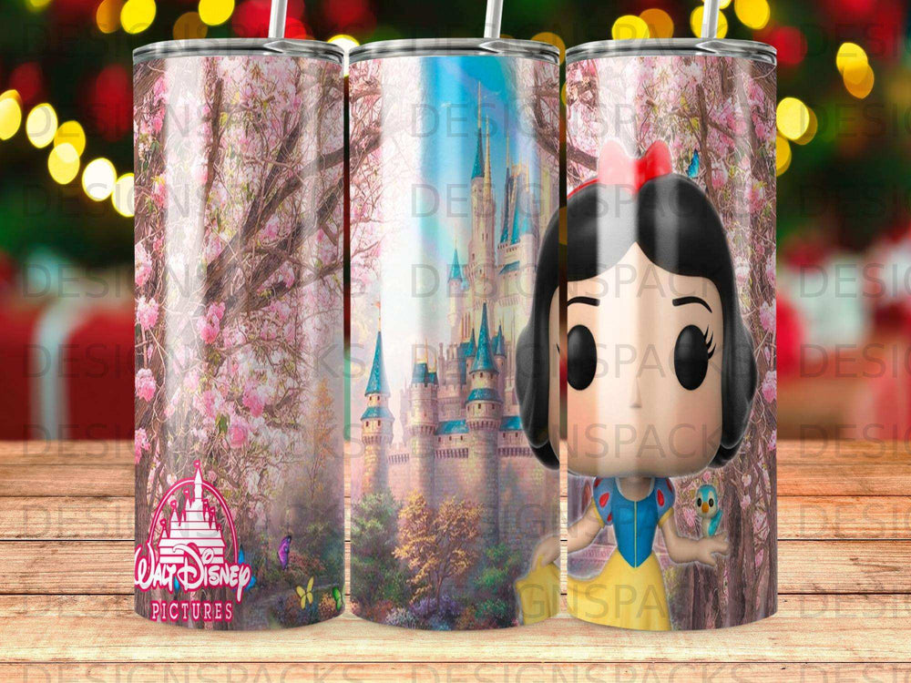 Snow White figurine on a tumbler featuring a castle and cherry blossoms.