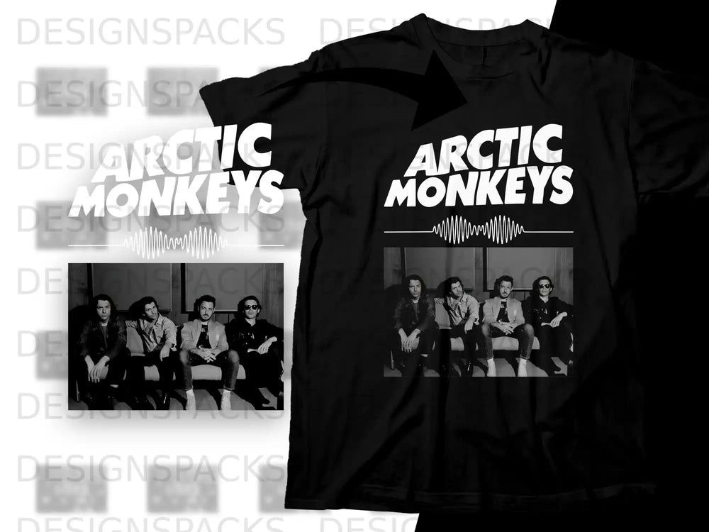 Arctic Monkeys band members sitting on a bench with the band's logo.