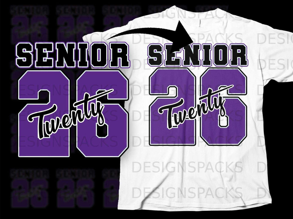 "Senior 26" design on white t-shirt with purple and black lettering.