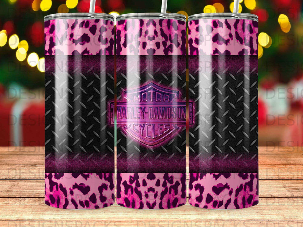 Harley-Davidson Cycles logo on pink leopard print and diamond plate background.