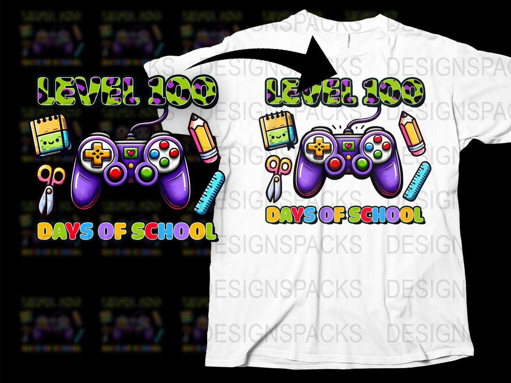 Level 100 Days of School T-Shirt, Colorful Gaming Controllers, Kids School Celebration Tee, Fun Graphic Shirt for Children