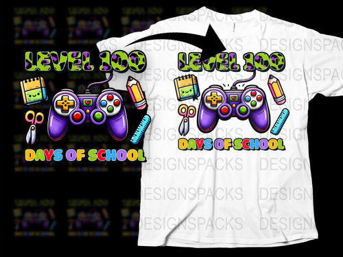 Level 100 Days of School T-Shirt, Colorful Gaming Controllers, Kids School Celebration Tee, Fun Graphic Shirt for Children