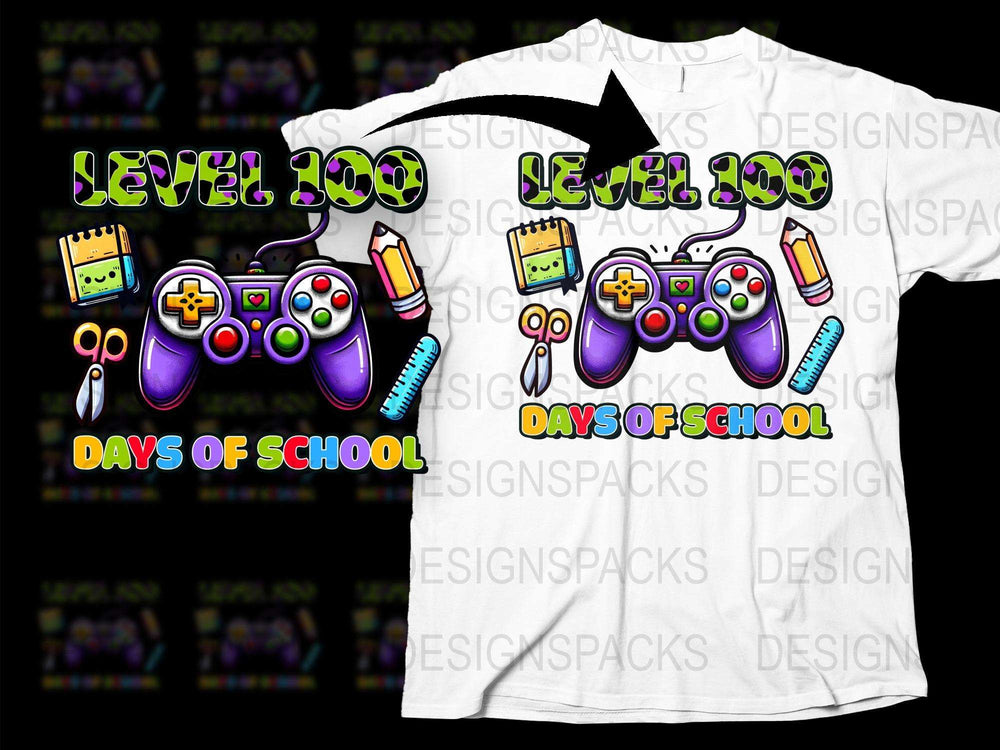 Level 100 Days of School T-Shirt, Colorful Gaming Controllers, Kids School Celebration Tee, Fun Graphic Shirt for Children
