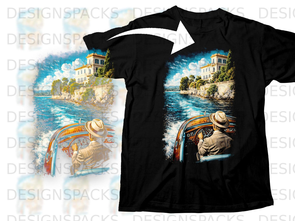 Man in suit drives vintage boat past mansion and coastline.