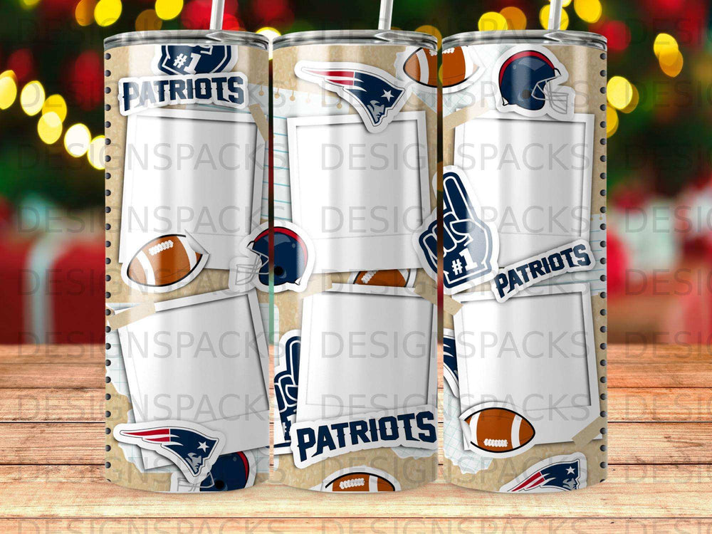 New England Patriots tumbler with football elements and team logo.