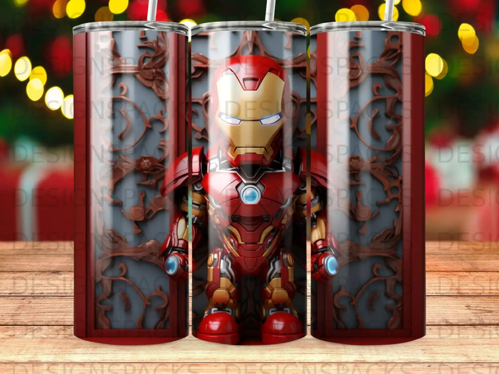Iron Man figurine in red and gold armor against a dark metallic background.