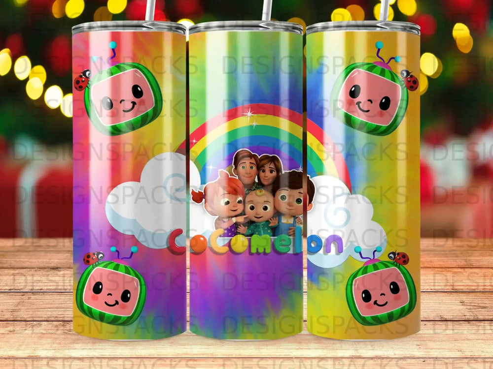 CoComelon characters and rainbow design on a patterned tumbler.
