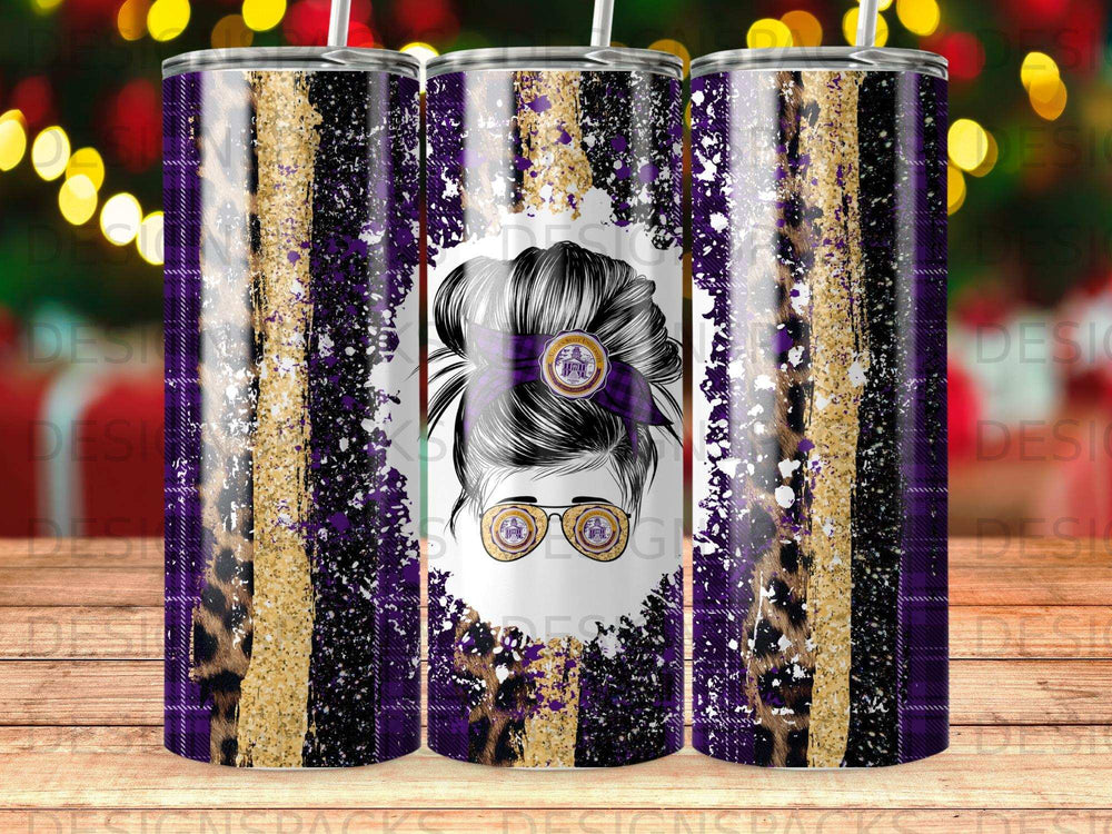 Purple and gold glitter tumbler with leopard print and distressed stripes.