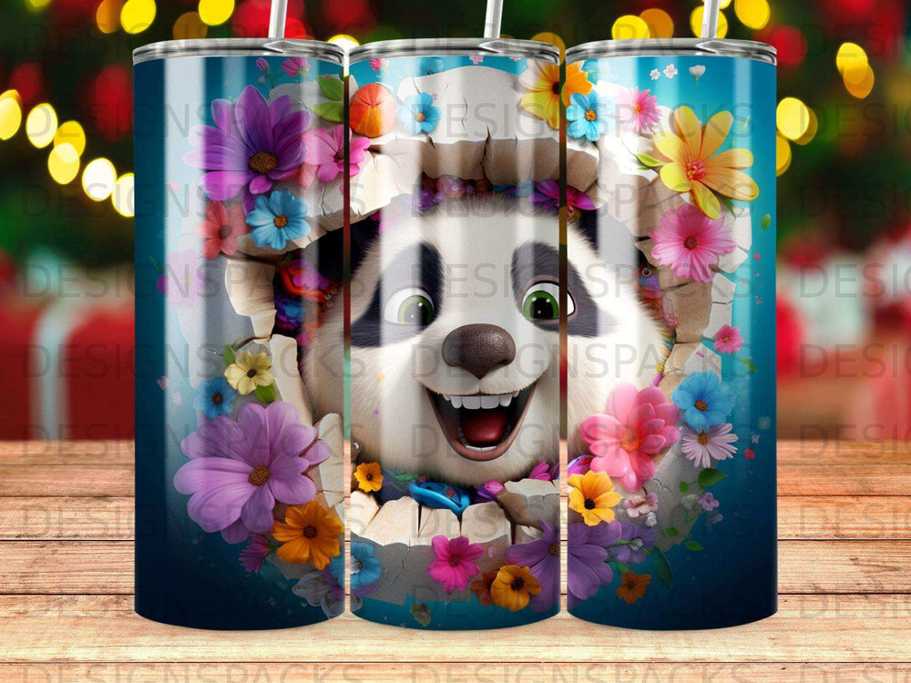 Panda face emerging from a colorful floral hole in a blue background.