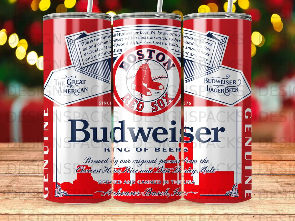 Budweiser beer can with red and white branding and "King of Beers" text.