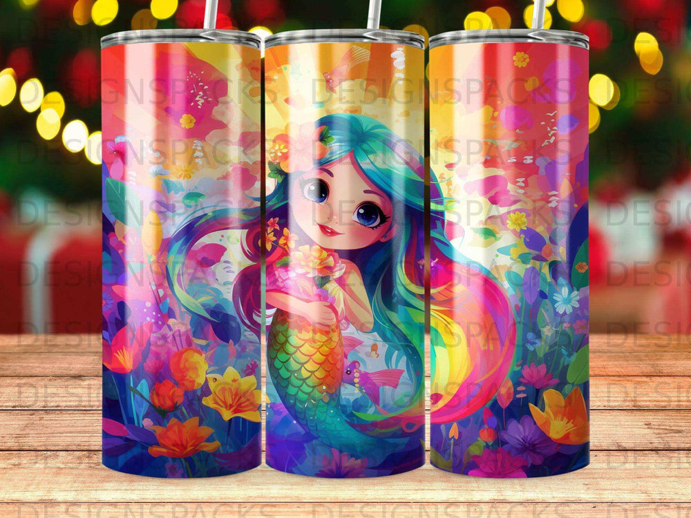 Mermaid holding a fish with colorful floral background, digital art.