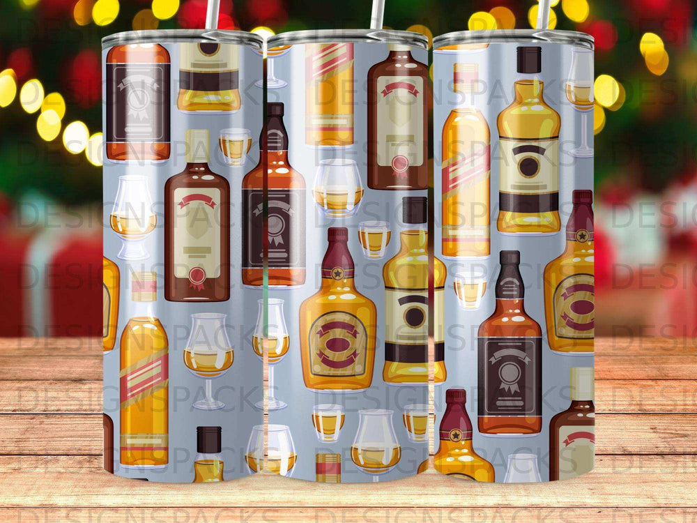 Pattern of whiskey bottles and glasses on a gray background with bokeh lights.
