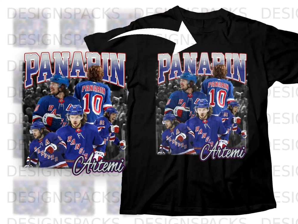 Black t-shirt with "PANARIN 10 Artemi" and Rangers logo.