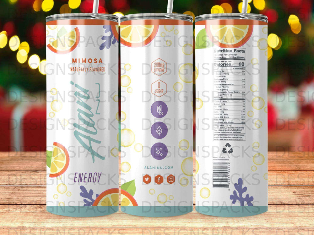 Mimosa flavored naturally flavored energy drink with nutrition facts.